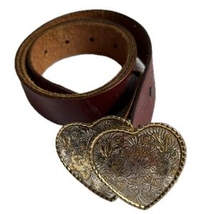 Double Heart Western Belt w. Buckle Brown Full Grain Leather Made in USA Size 32